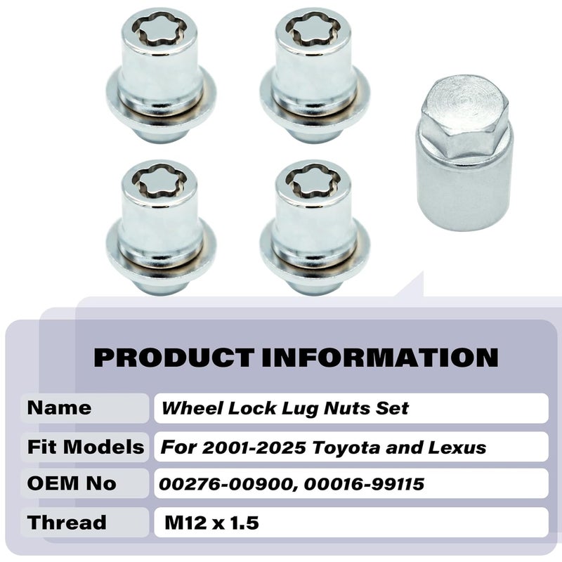 FHRHRY 00276-00900 Wheel Lock Lug Nuts Set M12 x 1.5, Compatible with 2001-2025 Toyota Avalon C-HR Camry Celica Corolla Highlander Matrix Mirai MR2 Prius RAV4 Sienna Solara Tacoma Venza Yaris & Lexus, Chrome - Image 4